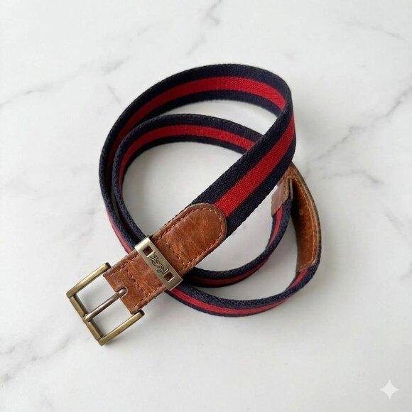 Vintage YSL 1980s Womens Surcingle Belt Red Blue Striped Canvas Preppy Ivy 34\